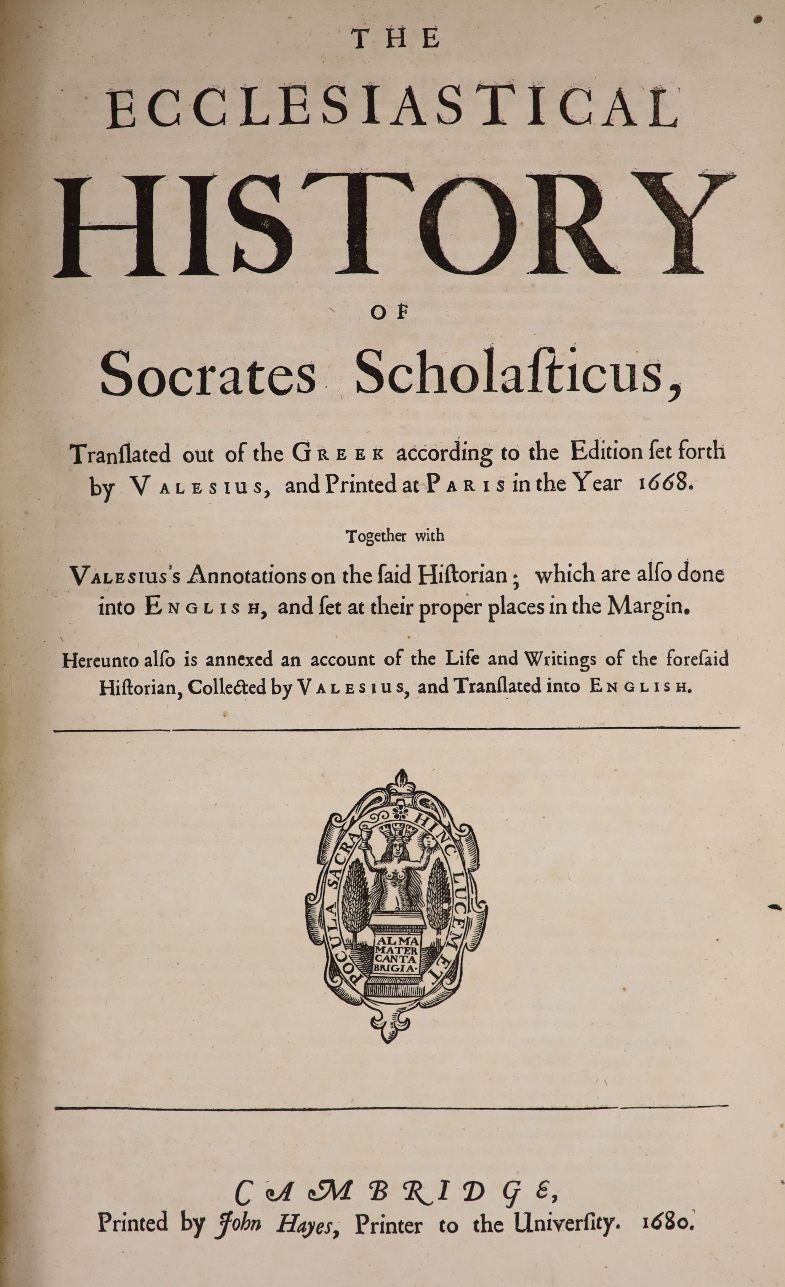 Eusebius [Eusebius Pamphilus] - The History of the Church from our Lords Incarnation, to the Twelfth year of the Emperour - Mauricius Tiberius... Calf with panelled spine and Morocco label, folio. Red and black ink title